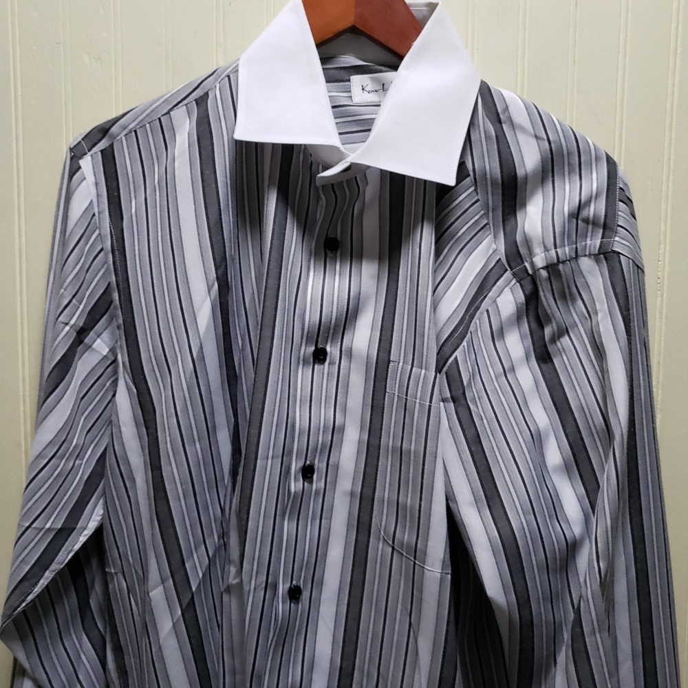 Karl Knox Dress Shirt Mens 16.5 34/35 Gray Stripe Regular Fit French Cuff Woven
